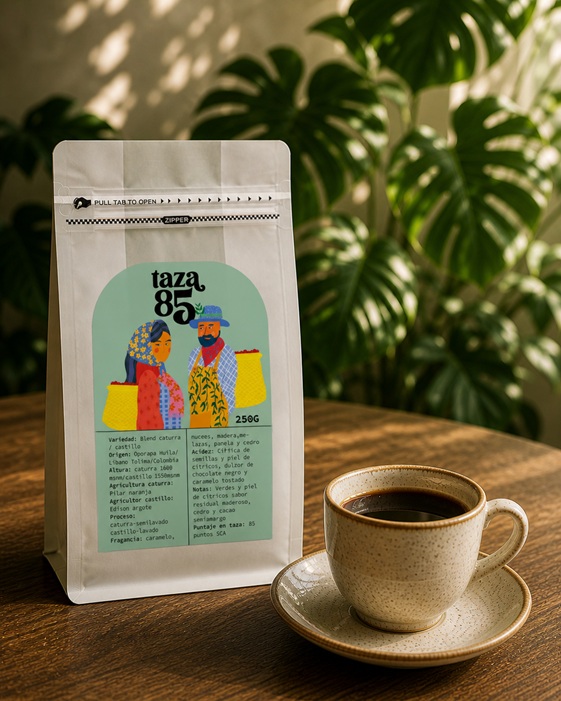Personajes principales de Taza 85 con café de especialidad